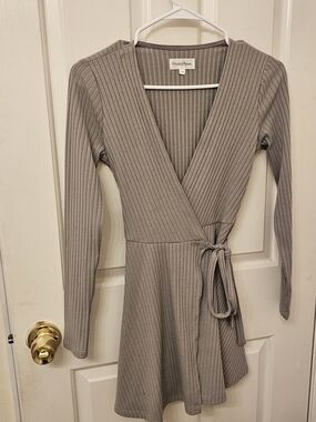 Privacy Please Ribbed Wrap Dress - Gray Taupe